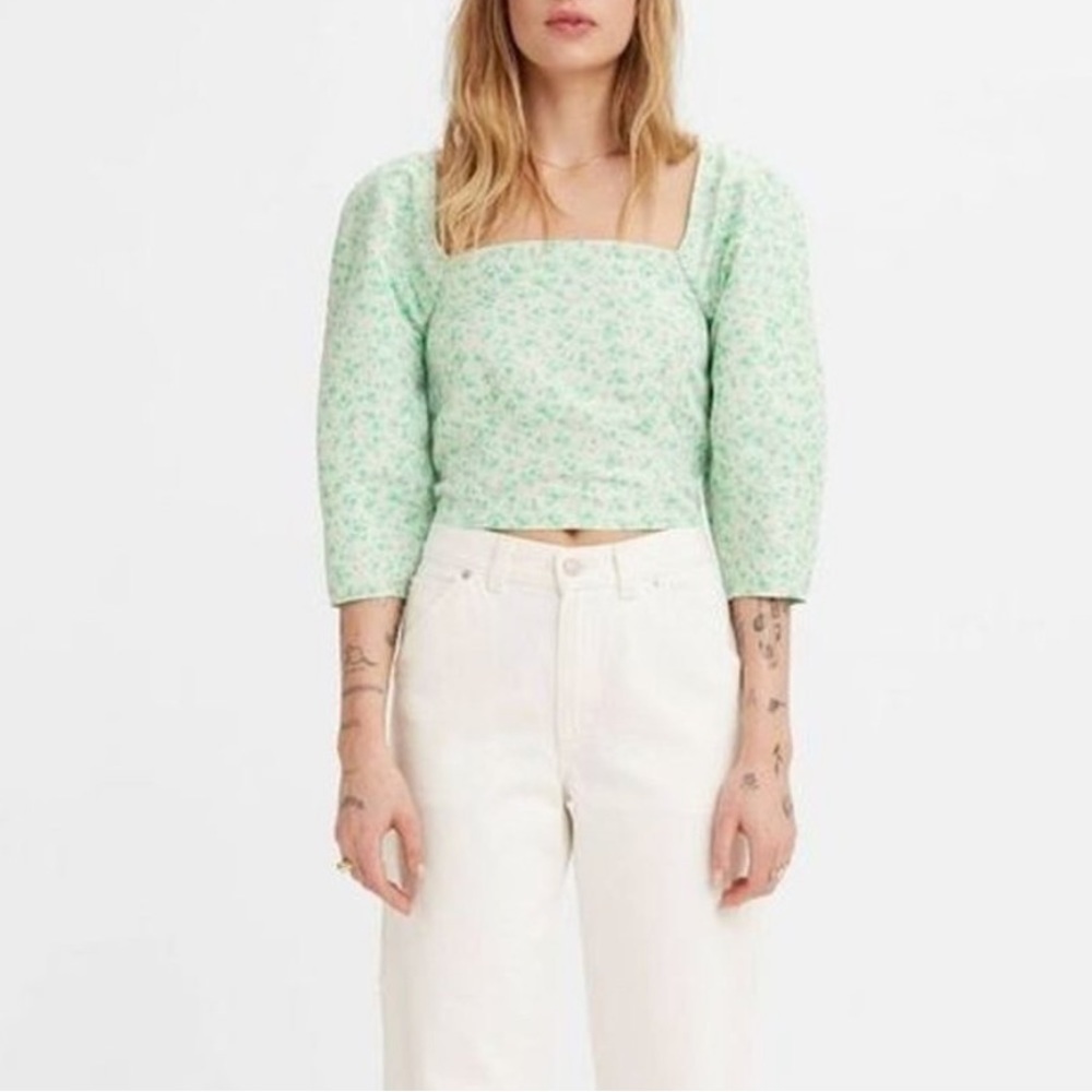Levi’s Floral Puff Sleeve Cropped Smocked White Green Square Neckline Top Small